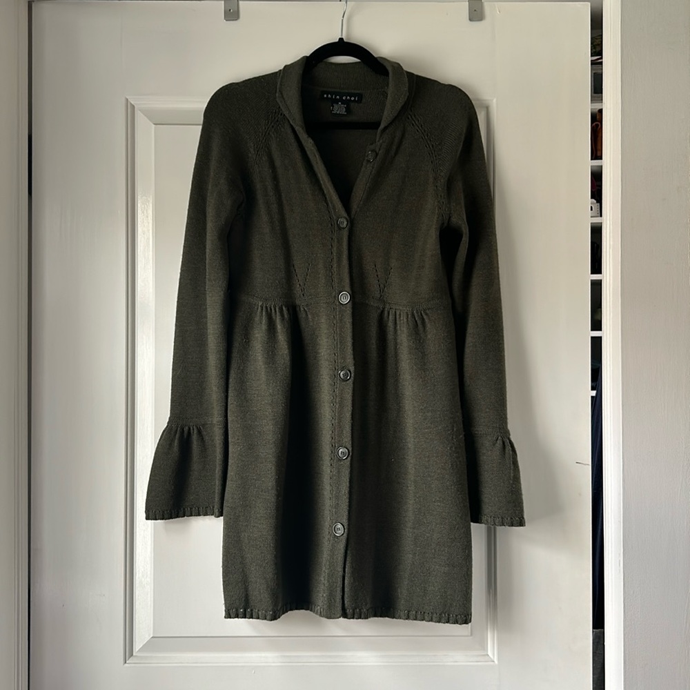 Shin Choi olive green knee length cardigan. Size M